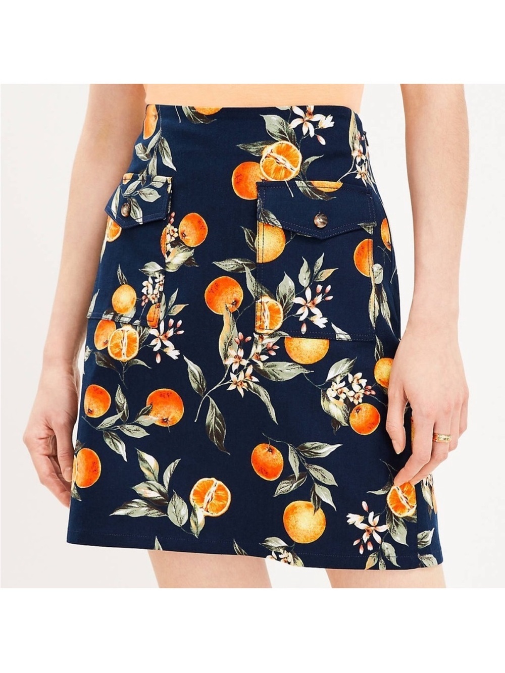 Loft Skirt Womens 10 Navy Blue Orange Fruit Print Utility Mini - Picture 2 of 8